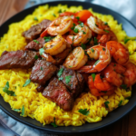 Jamaikanisches Steak mit Garnelen auf gelbem Reis