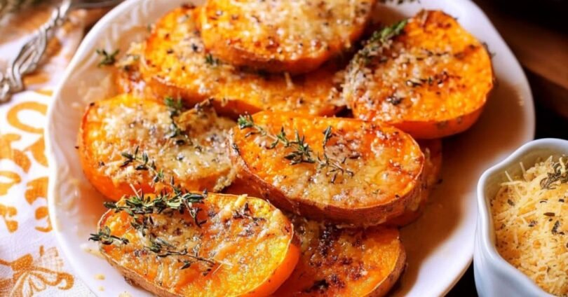 Knusprige Knoblauch-Parmesan Süßkartoffeln aus dem Ofen