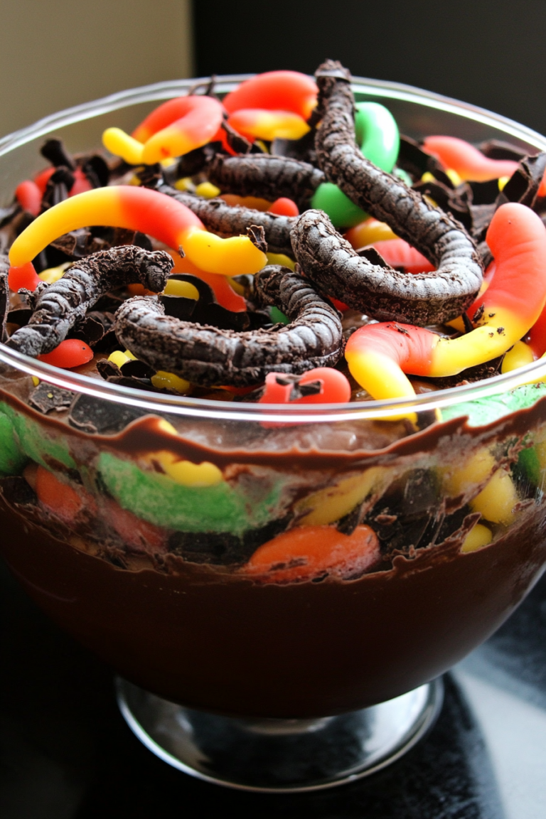 Halloween Schokoladenpudding-Trifle mit Würmern