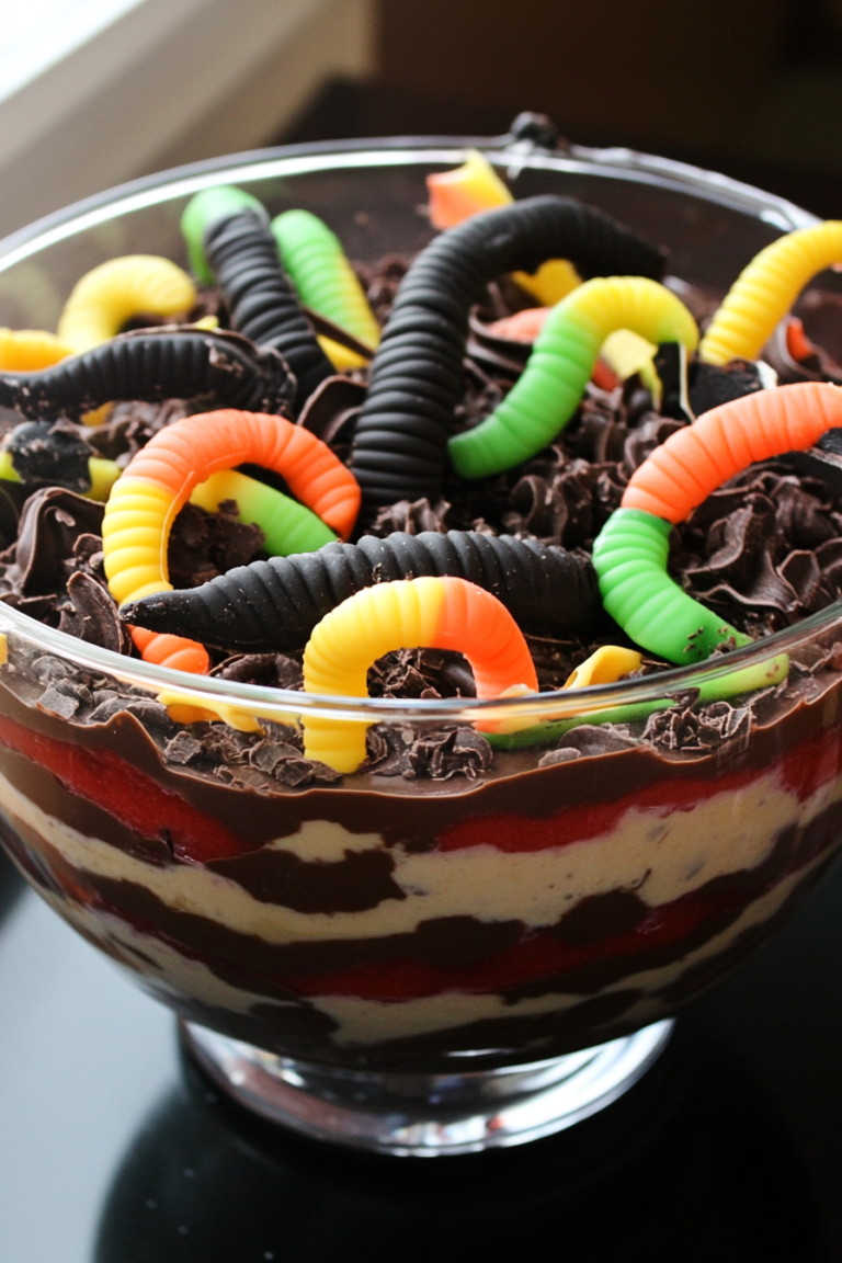 Halloween Schokoladenpudding-Trifle mit Würmern
