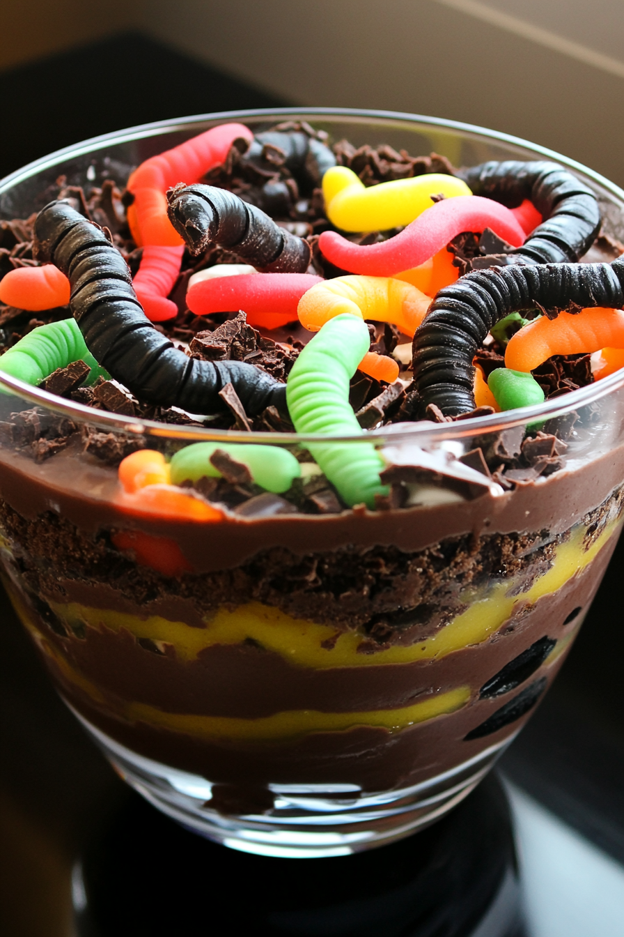Halloween Schokoladenpudding-Trifle mit Würmern