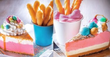 Cotton Candy Cheesecake mit Funnel Cake Pommes und Butterscotch Sauce