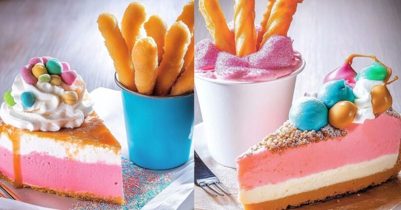 Cotton Candy Cheesecake mit Funnel Cake Pommes und Butterscotch Sauce